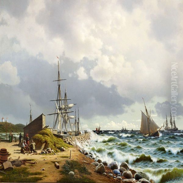 Coastal View With Numerous Sailing Ships At Sea Oil Painting by Christian Eckardt