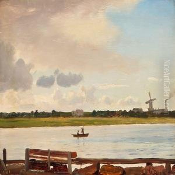 Danish Landscape With Inlet, In The Background A Mill Oil Painting by Christian Eckardt