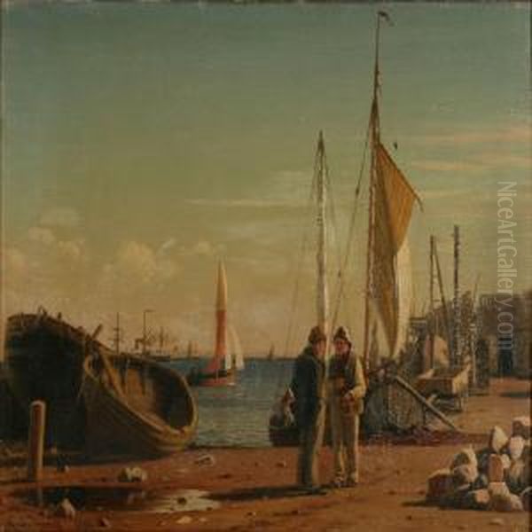 Fishermen In Conversation On Kalkbraenderihavnen,denmark Oil Painting by Christian Eckardt