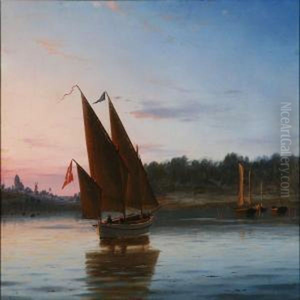 Marine With Sailing Boats Atsunset Oil Painting by Christian Eckardt