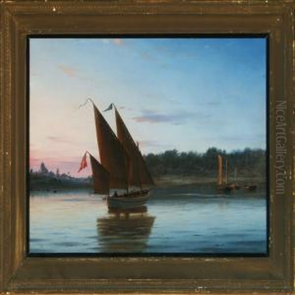 Danishsummerlandscape With Sailing Ship Along The Coast Oil Painting by Christian Eckardt