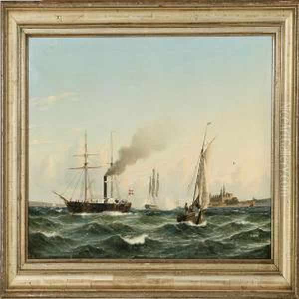 Seascape With Shipsoff The Coast Of Elsinore Castle Oil Painting by Christian Eckardt