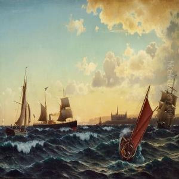 Sailing Ships In The Sound Near Kronborg Oil Painting by Christian Eckardt