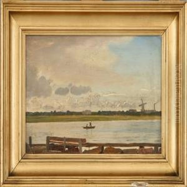 A Landscape Scenery With Lake, In The Background A Mill. Signed. C. Eck Oil Painting by Christian Eckardt