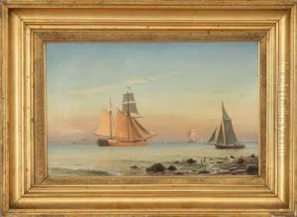 Ships At Sea In The Evening Sun. Signed C. Eckardt 77 Oil Painting by Christian Eckardt