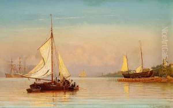 Sailing Ships Off The Coast, Evening Sun Oil Painting by Christian Eckardt