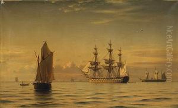 A Frigate With Other Shipping On A Calm Sea Oil Painting by Christian Eckardt