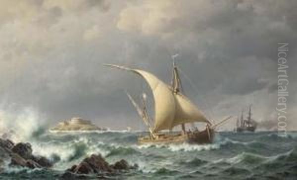 Latvian Coastal Craft And A 
Paddle Steamer In The Bay Of Riga, Witha Fortified Island Beyond Oil Painting by Christian Eckardt