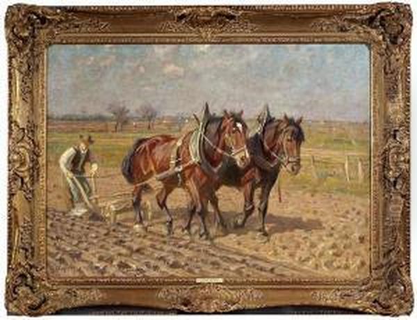 Two Ploughing Horses In Swabian 
Landscape. Oil/canvas, Signed. Cf. Schnerring, Walter, Der Maler 
Friedrich Eckenfelder, Stuttgart 1984, S. 221, No. E 21 With 
Illustration Oil Painting by Friedrich Eckenfelder