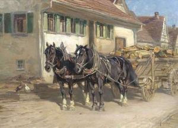 A Horse-drawn Vehicle In Front Of A Tavern Oil Painting by Friedrich Eckenfelder