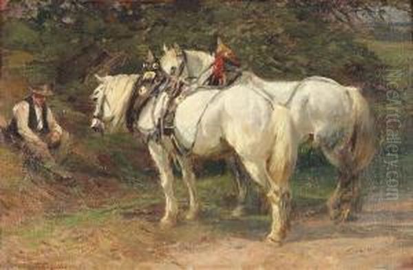 Eckenfelder, Friedrich. A Farmer And Two Horses Resting Oil Painting by Friedrich Eckenfelder