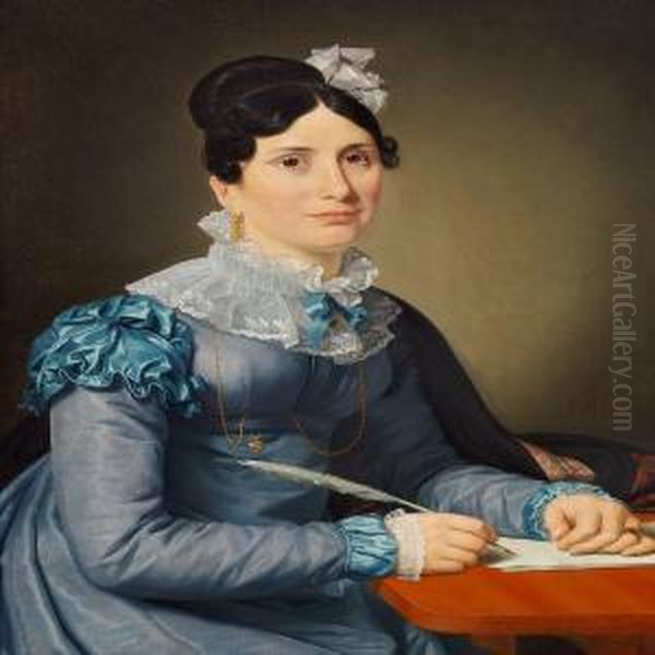 A Portrait Of Sarah Wolff Nee Cruttendon In A Blue Dress, Writing A Letter Oil Painting by Christoffer Wilhelm Eckersberg