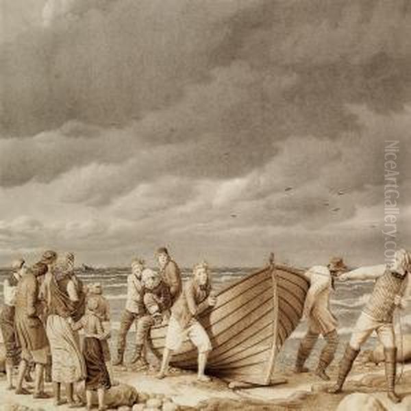 Fishermen From Hornbaek Saving The Captain From A Stranded Ship Oil Painting by Christoffer Wilhelm Eckersberg