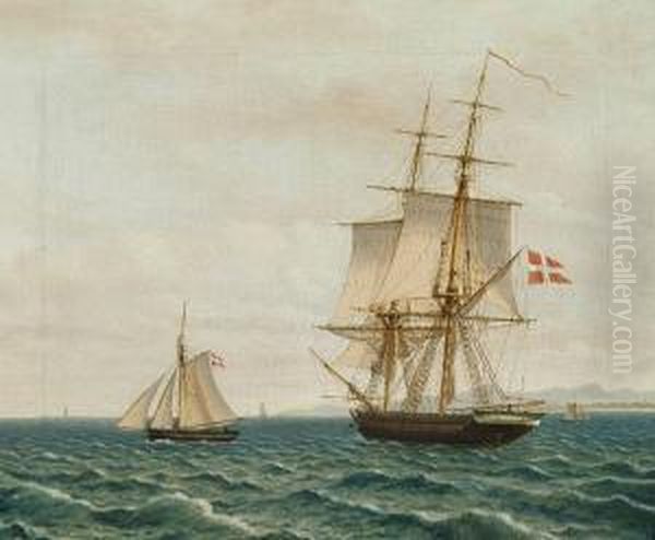 A Pilot Boat, A Brig And A Cutter At The Sea Oil Painting by Christoffer Wilhelm Eckersberg