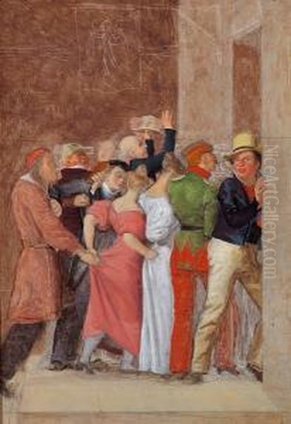 A Group Of People Trying To Get Through A Door Oil Painting by Christoffer Wilhelm Eckersberg