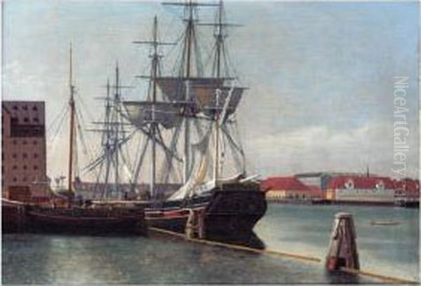 Udsigt Fra Wilders Plads. Et Skib Som Lodser Og Torrer Sejl (view From Wilders Plads) Oil Painting by Christoffer Wilhelm Eckersberg