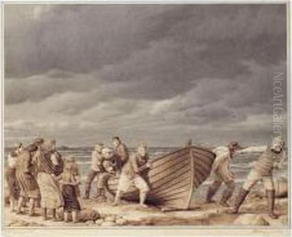 Fiskerne Fra Hornbak Redder 
Kaptajnen Fra Et Strandet Skib (the Hornbak Fishers Save The Captain 
From A Stranded Ship) Oil Painting by Christoffer Wilhelm Eckersberg