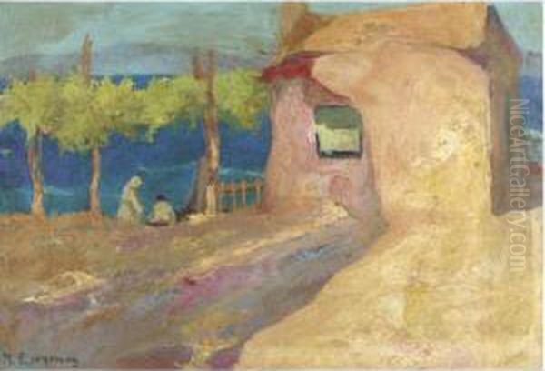 House And Figures By The Sea Oil Painting by Michalis Economou