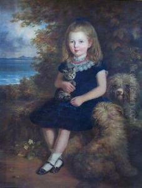 Portrait Study Of A Young Girl With A Kitten And Two Dogs Oil Painting by Samuel Edmonston