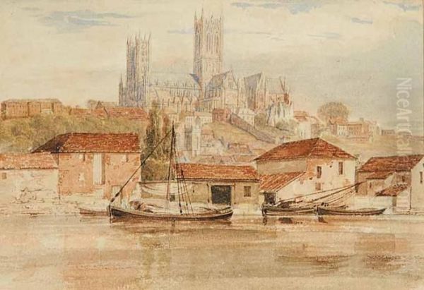 Untitled - Catherdral With Boats Inforeground Oil Painting by Henry Edridge