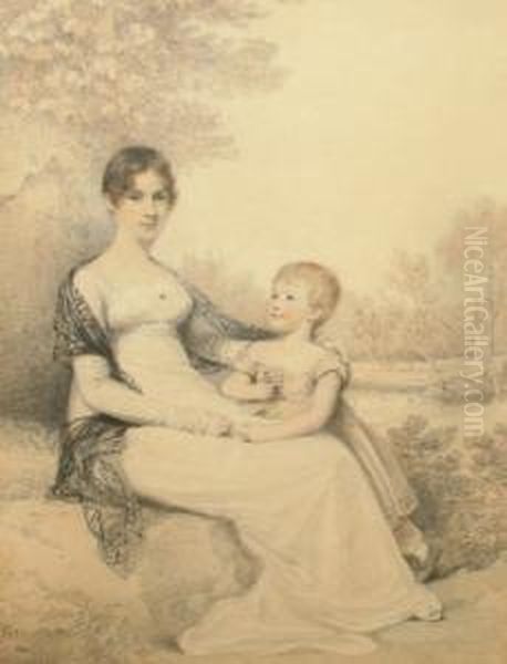 Portrait Of A Lady, 
Traditionally Held To Be Mrs Whalley And Her Daughter, Seated 
Full-length With A Landscape Beyond Oil Painting by Henry Edridge