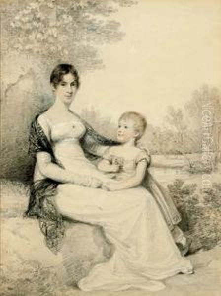 Portrait Of Mrs. Whalley And Her Daughter, Full-length, In A Landscape Oil Painting by Henry Edridge