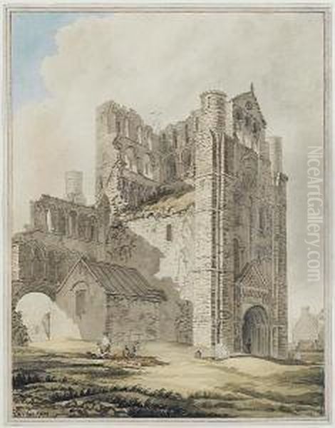 Gravediggers Outside The Ruins Of An Old Abbey Oil Painting by Henry Edridge