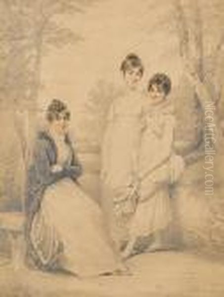 A Mother And Her Two Daughters In A Landscape Oil Painting by Henry Edridge