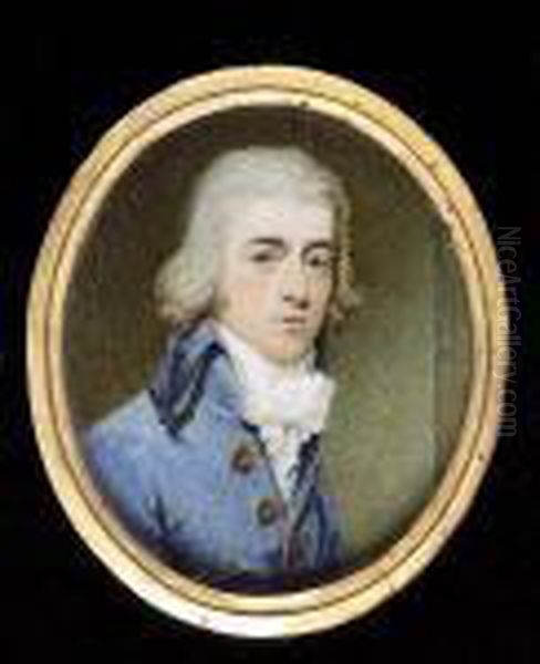 A Gentleman, Wearing 
Lavender-blue Coat, Frilled White Chemise And Stock, His Hair Powdered 
(artist's Join To Right Side) Oil Painting by Henry Edridge