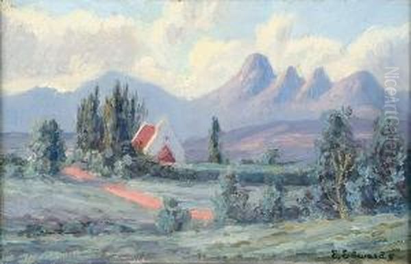 A South African Landscape With A House And Mountains In The Distance Oil Painting by Edward Edwards