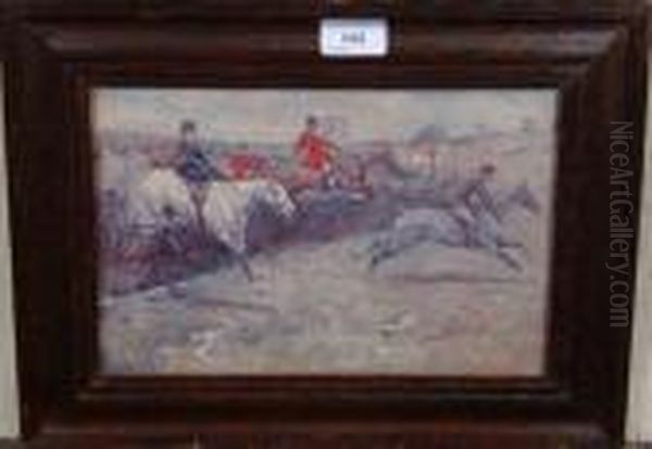 Scene Of An Early 20thc Hunt At 
Gallop Including A Lady Riding Sidesaddle Jumping A Fence On A Grey. Oil Painting by Lionel Louis Edwards