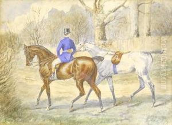 Manon Horseback Leading Another,
 Watercolour, Bears Signature, 20 X 28cm Estimate - 400-600 Oil Painting by Lionel Louis Edwards