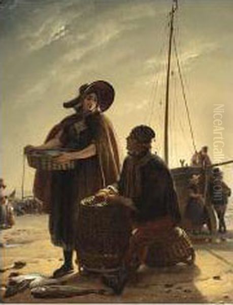 Fishermen On Scheveningen Beach Oil Painting by Jacobus Josephus Eeckhout