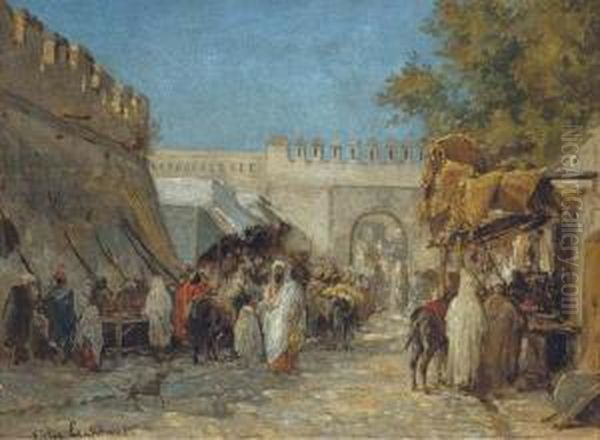 Arabs In A Bustling Bazaar Oil Painting by Victor Eeckhout