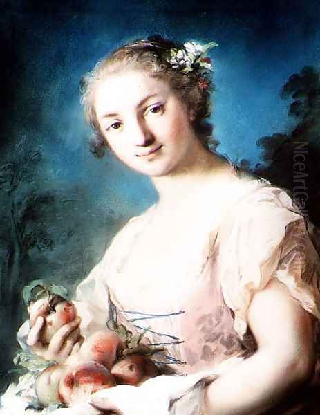 Summer: a girl holding peaches Oil Painting by Rosalba Carriera