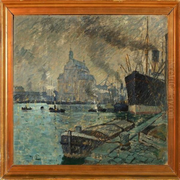 View Of The Port Inhamburg Oil Painting by Mogens Ege