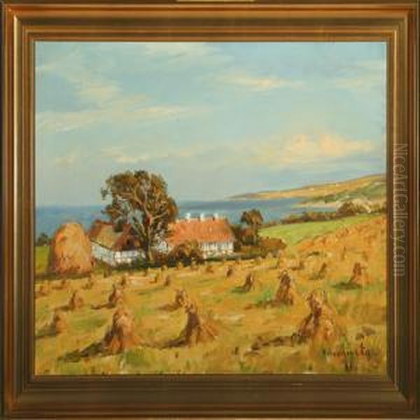 Harvest With Farm A View Over Inlet Oil Painting by Mogens Ege