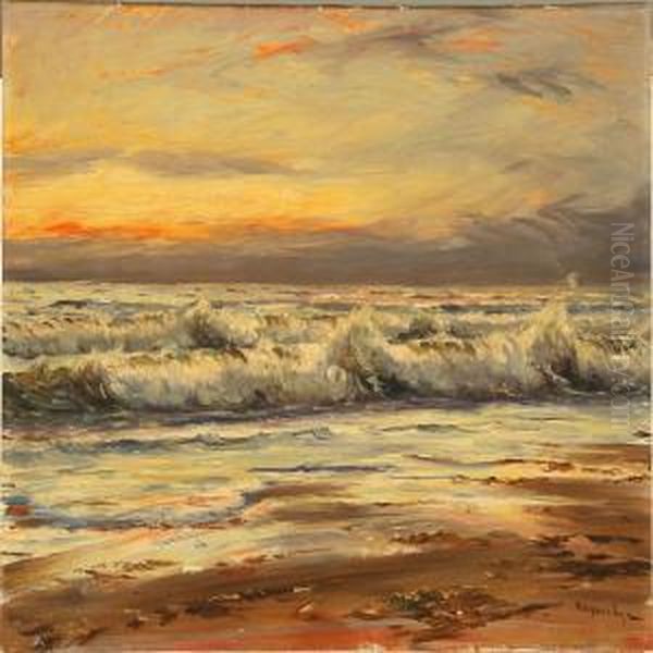 Sunset At Skagen Beach, Denmark Oil Painting by Mogens Ege