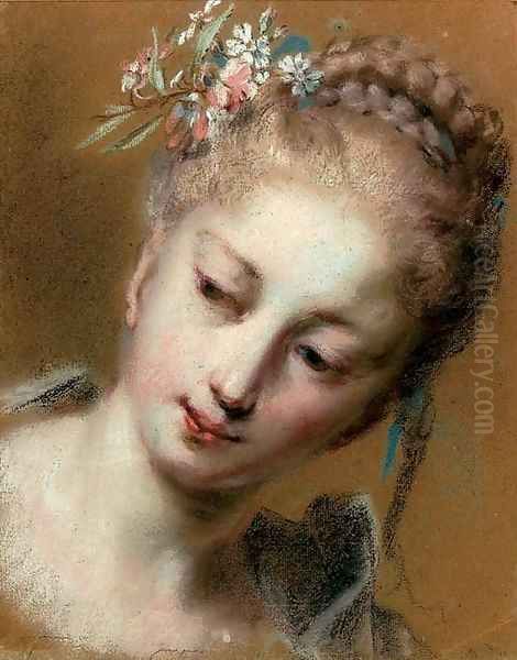 Tete de jeune fille avec des fleurs dans ses cheveux tresses Oil Painting by Rosalba Carriera