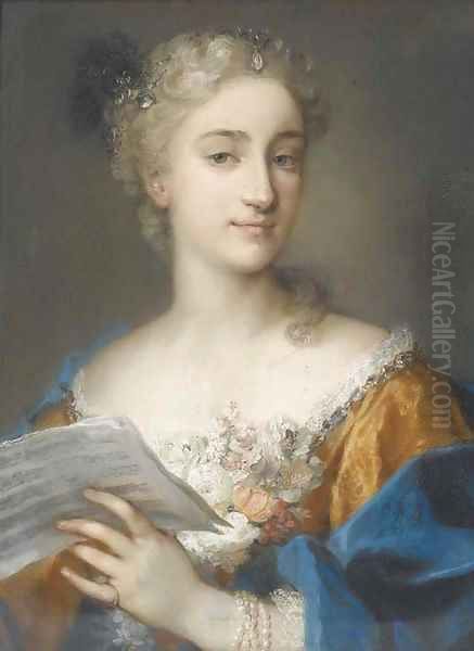 Portrait of a woman, bust-length, holding a musical score Oil Painting by Rosalba Carriera