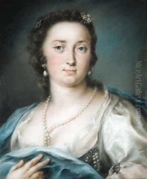 Portrait of a lady, bust-length, in a silver dress with a blue shawl Oil Painting by Rosalba Carriera