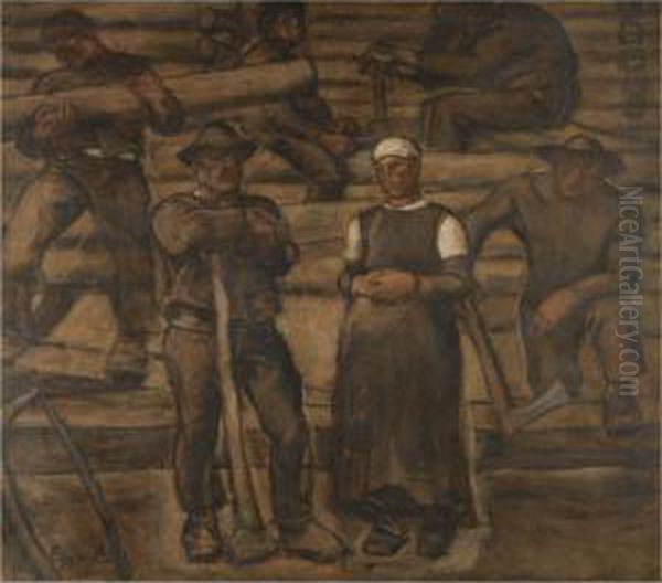 'die Lebensalter' (recto); Studie Fur Die Figur Des Teufels In 'samann Und Teufel' Oil Painting by Albin Egger-Lienz