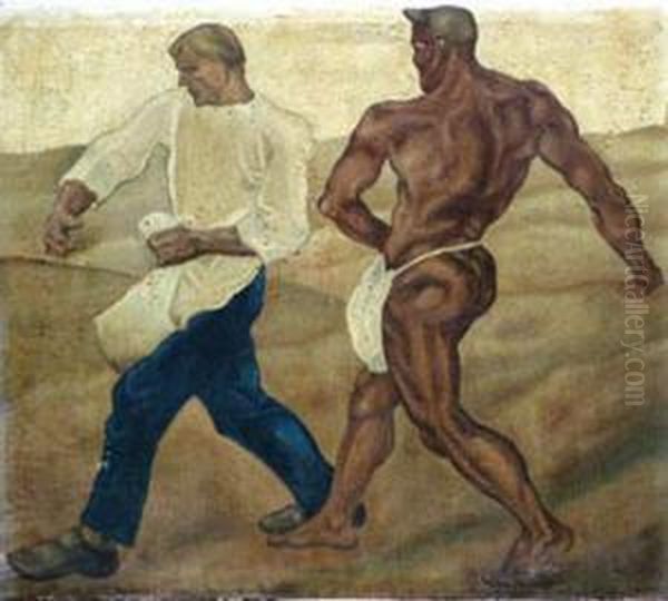 Circle,two Sawing Men Inlandscape Oil Painting by Albin Egger-Lienz