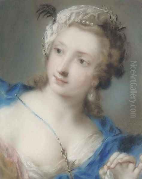 Portrait of a girl looking to the left, bust-length, wearing a blue mantle Oil Painting by Rosalba Carriera