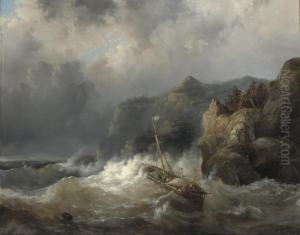 A Shipwreck Of A Rocky Coast Oil Painting by Egidius Linnig