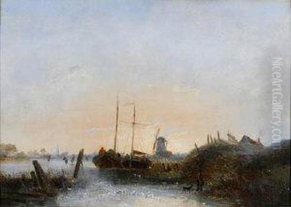 A Dutch Winter Scene With Barges And Skaters Near A Windmill. Oil Painting by Egidius Linnig