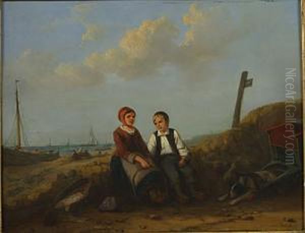 Twee Kinderen Op Het Strand. Oil Painting by Egidius Linnig