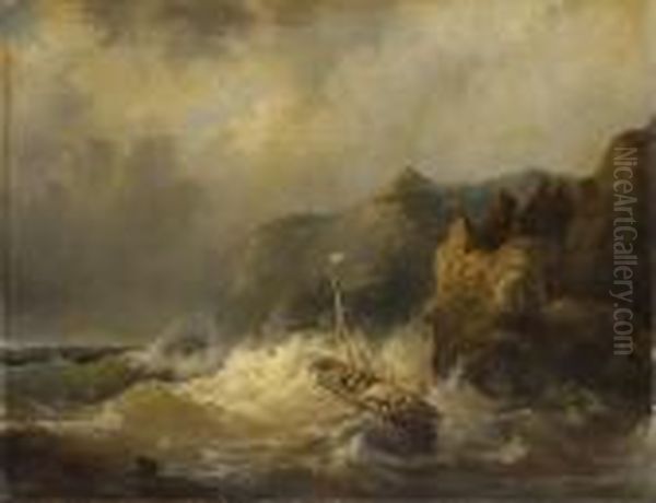 A Dismasted Ship In Dangerous Waters Oil Painting by Egidius Linnig