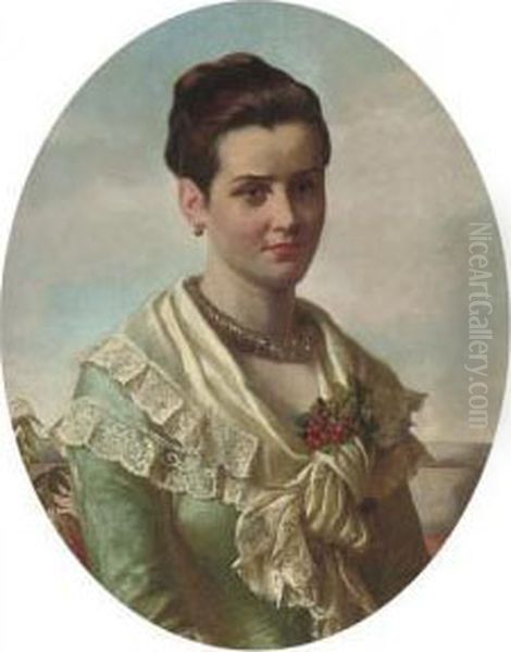 Portrait Of A Young Lady, 
Bust-length, In A Blue Dress And A White Lace Shawl Decorated With 
Berries Oil Painting by William Maw Egley