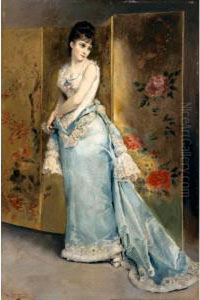 Mujer Con Vestido Azul (lady In A Blue Dress) Oil Painting by Rogelio Egusquiza Y Barrena